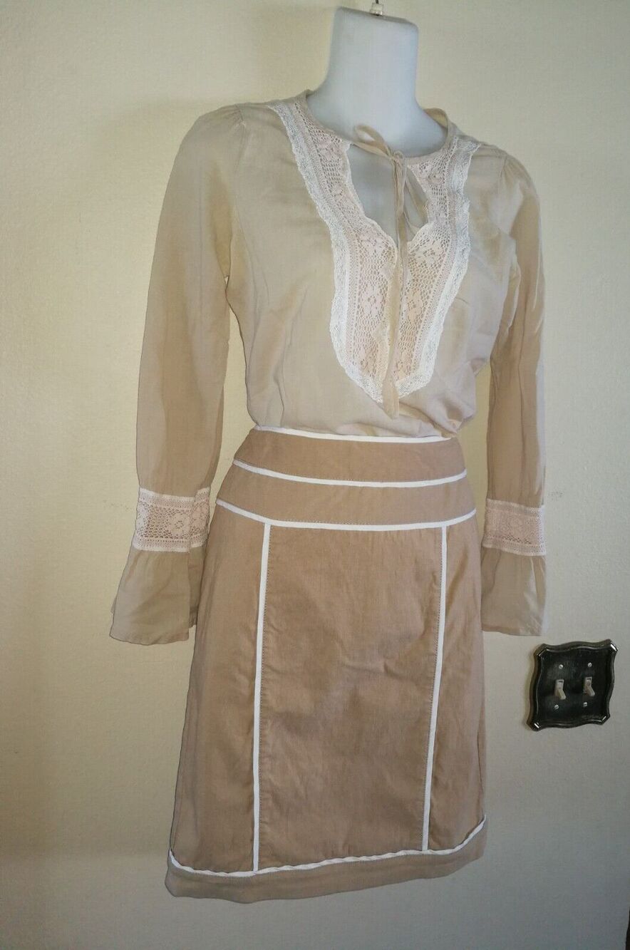 Women's Outfit 2 pc Maje Beige Top Sz S & XOXO Stretch Beige Skirt Sz 11 - 12